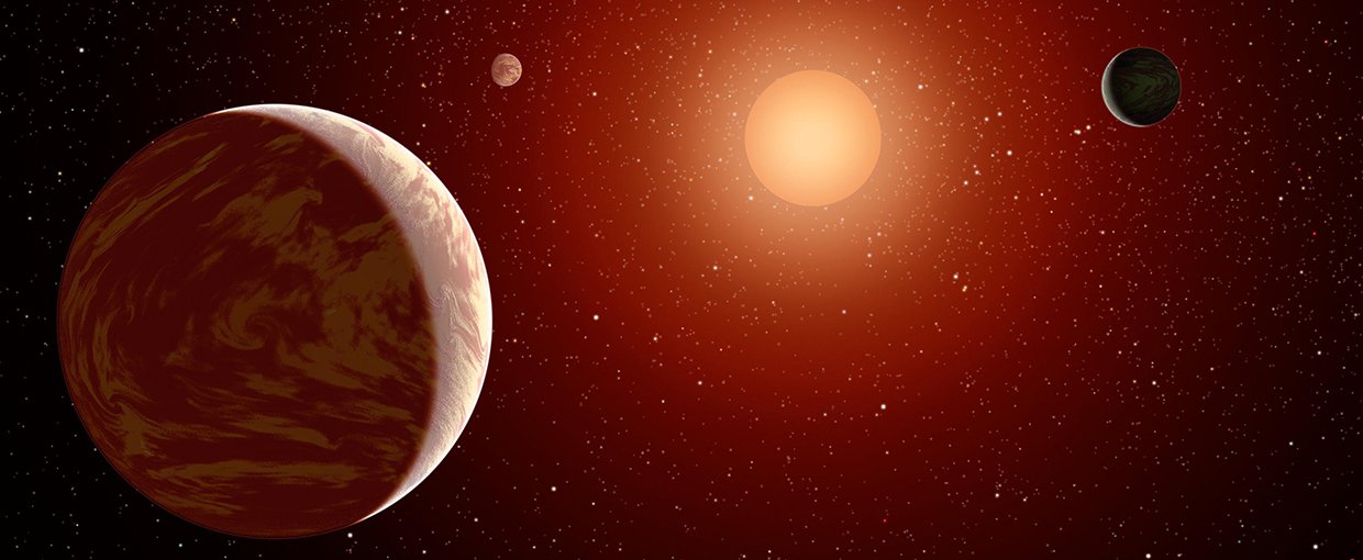 An artist's impression of three planets orbiting a low mass red M dwarf star